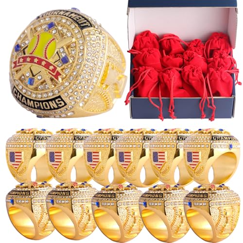 Image of 2 pcs Pack or 12 pcs Pack Softball Championship Trophy Ring Award Gift for Tournament Champion Team palyers Awards Trophy on Side Size 9.5