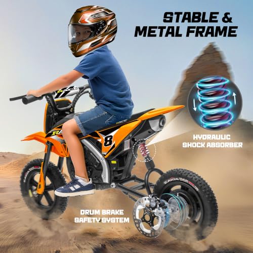 Image of 24V Kids Electric Dirt Bike - 250W Electric Motorcycle, 11 Mph Max Speed Electric Mini Dirt Bike with Music, 10 Miles Range, Twist Grip Throttle, Metal Suspension, Rubber Tire (Orange, with Cover)