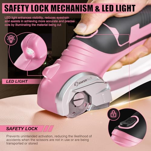 Image of SakerPlus Cordless Electric Scissors,4V Rechargeable Cardboard Box Cutter Heavy Duty Fabric Scissor with Safety Lock & LED Light,Power Rotary Cutter for Leather Carpet Plastic Cutting,Sewing,Crafting