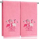 SmoothNovelty 2 Pcs Flamingo Hand Towels Hot Pink Bathroom Decor 14x29 Inch Embroidered 100% Cotton Soft Absorbent Spring Summer Decorative Hand Towels for Bathroom Kitchen