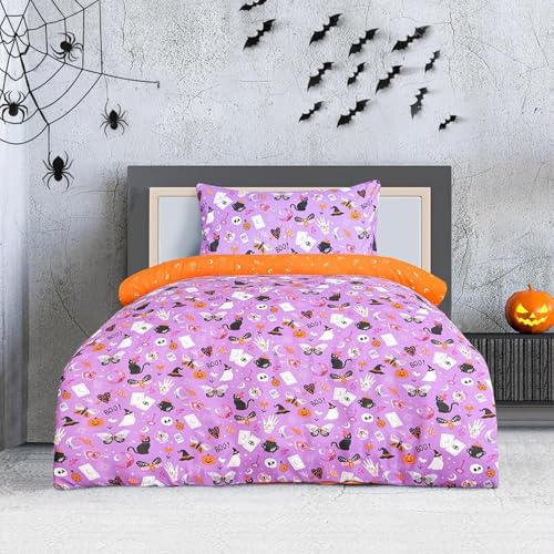 Sleepdown Halloween Duvet Set Celestial Elements with Ghosts and Pumpkin Design Reversible Duvet Cover Decorative Bedding Set with Pillowcase Single Size (135X200 Cm) in Lilac Shade