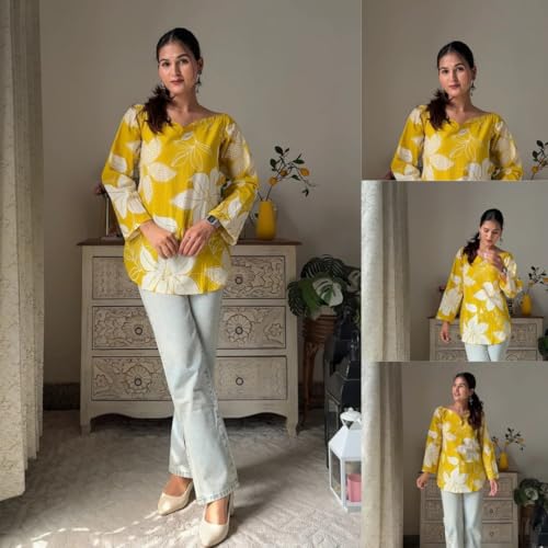 Image of Women's Short Kurti in Multicolor Rayon Cotton Blend | Ladies Ethnic Tunic | Office