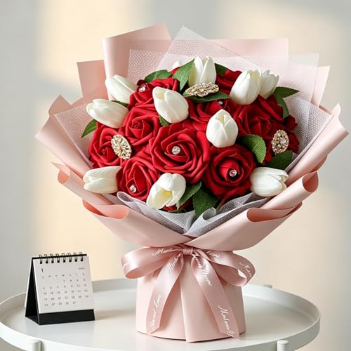 AmyHomie Artificial Flowers Dark Red Rose 25pcs Real Looking Fake Roses w/Stem for DIY Wedding Bouquets Centerpieces Arrangements Party Baby Shower Mothers Day Christmas Tree Decorations - Image 3