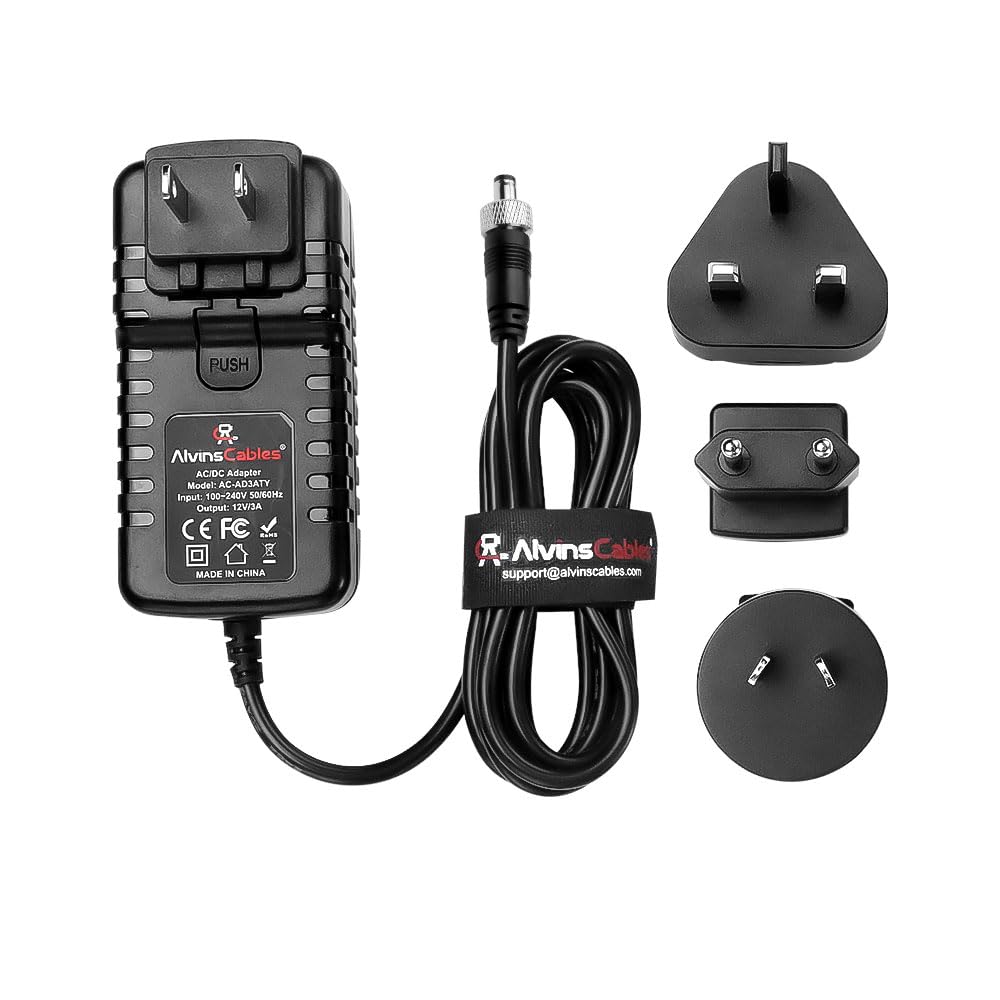 Alvin's Cables Verrouillage Adaptateur d'alimentation DC AC 100V-240V 12V 3A Universal Wall Plug Charger 5.5x2.5mm pour Atomos Ninja V,Blackmagic Video Assist,Smallhd,avec UK EU AU US PLIGS 2M/6.6ft