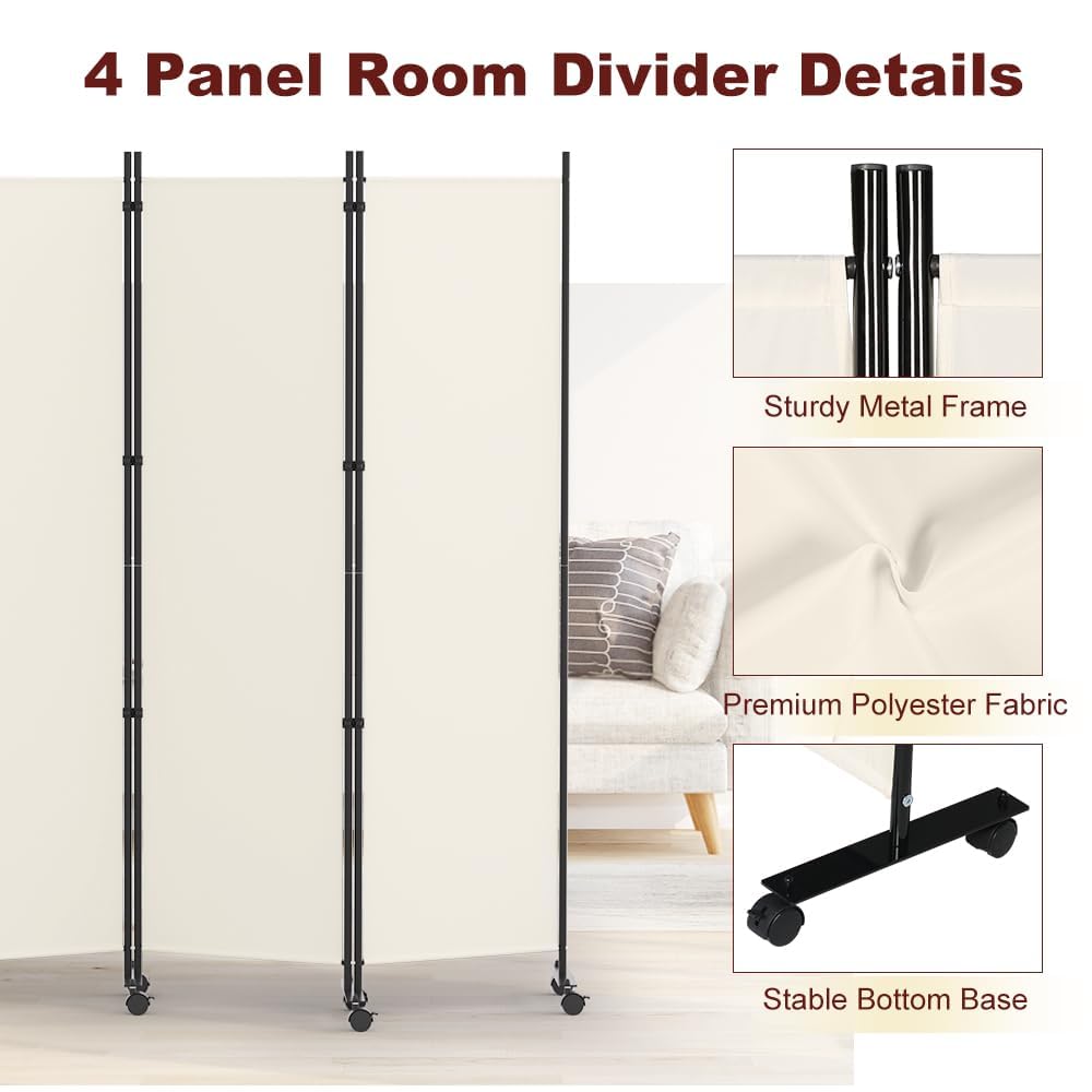 Cloison de séparation pliable à 4 panneaux – Cloison de séparation autonome avec roues verrouillables – Séparateur mural portable pour séparation de pièces – 223,5 x 177,8 cm (l x H) – Beige