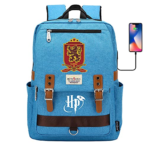 JIJOZN Junior High School Student Cycling Sac à dos Poudlard École Gryffindor Sac scolaire Multifonctionnel Canvas Bag Unisex Sac d'ordinateur avec port de chargement USB Moyen Bleu