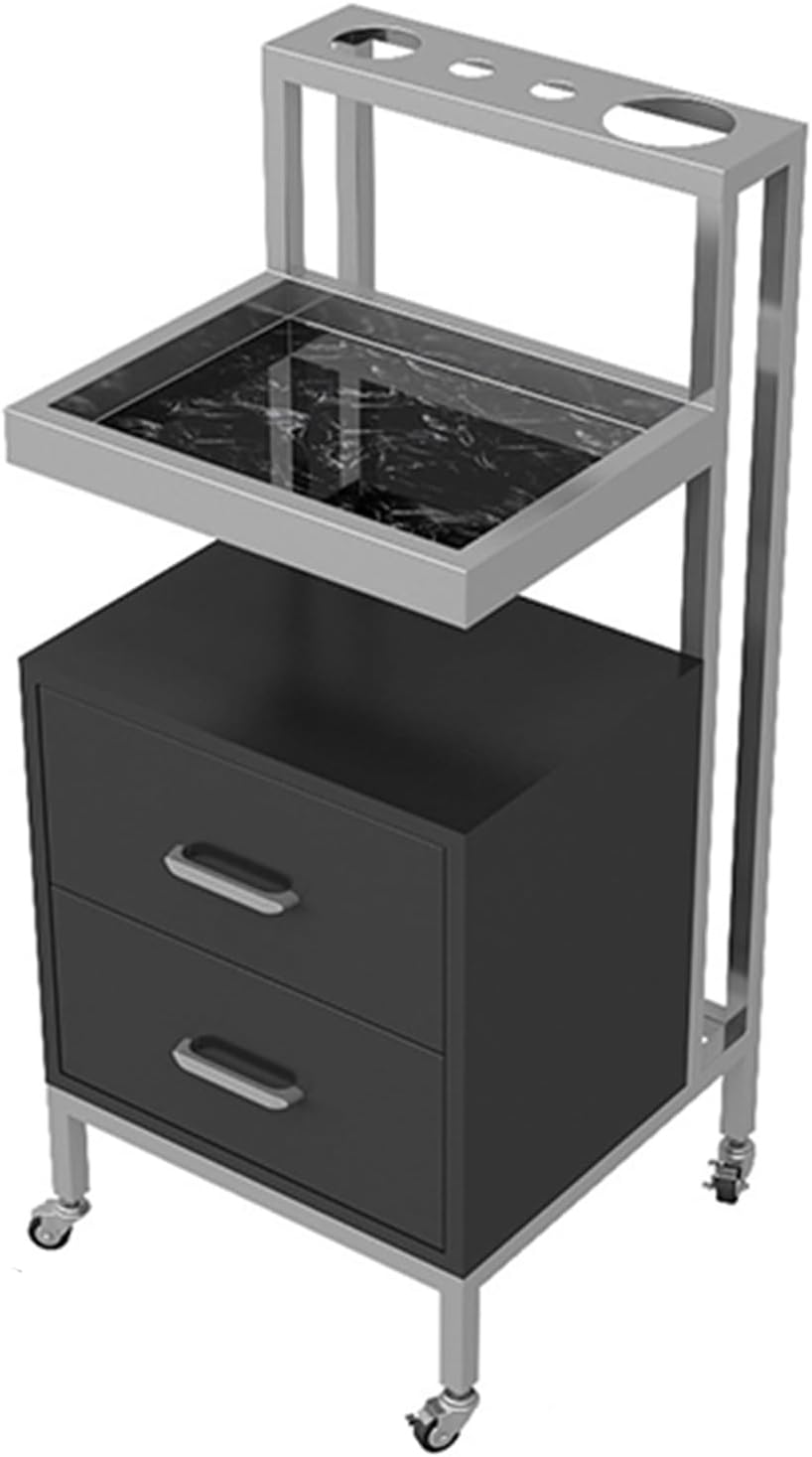 Hairdressing Salon Tool Carts Marble Countertop Hair Dryer Bucket Double-Layer Baked Enamel Hidden Drawer Bottom Antislip Silent Swivel Casters