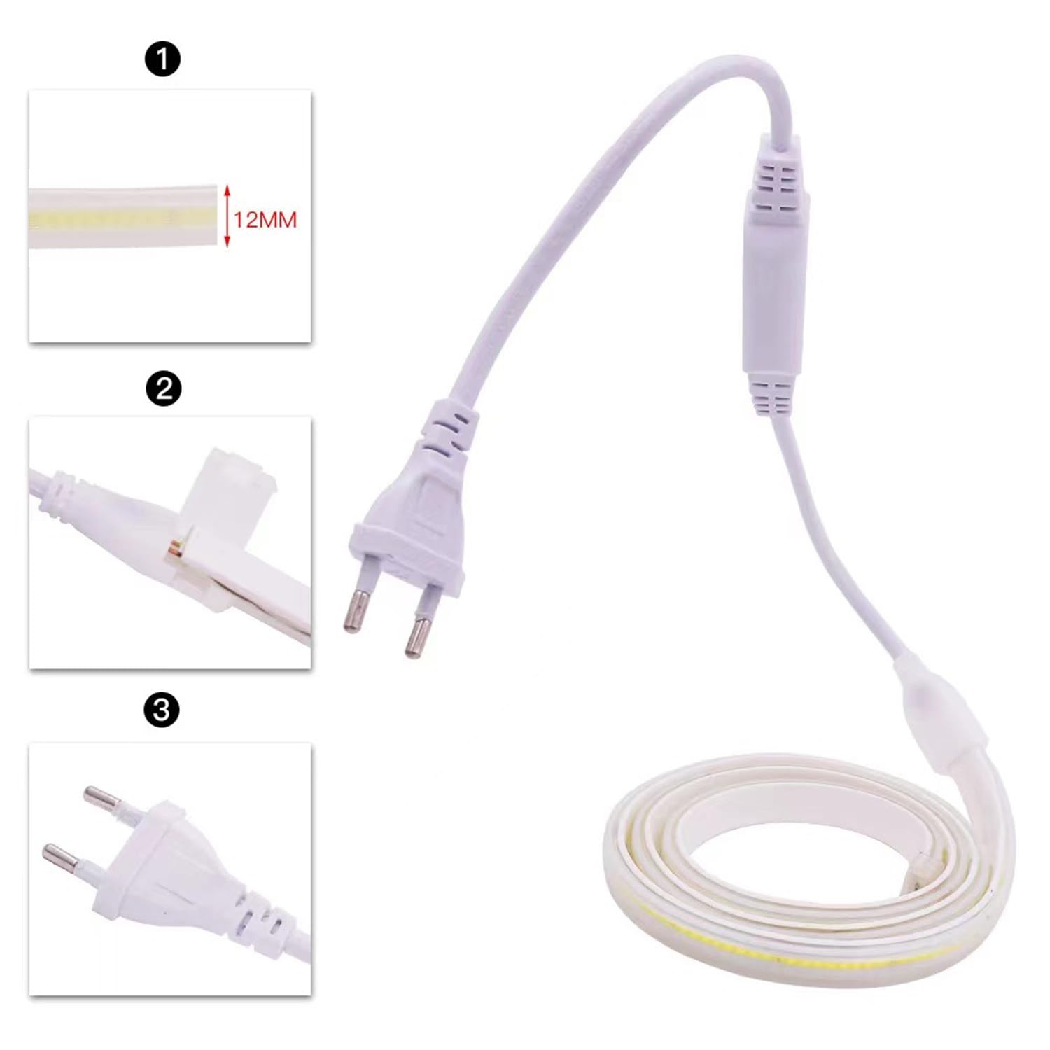 Tira de LED COB 12m Blanco Cálido 3000K, Luces LED 220V 230V, iluminación uniforme súper brillante, IP65 impermeable