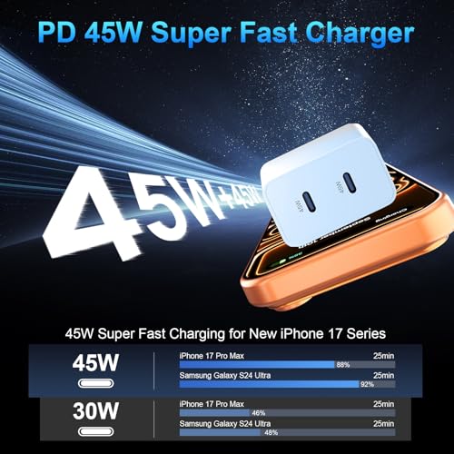 Image of Phone 17 Charger Fast Charging, 45W Dual USB C Charger Block,USB C Wall Chargers with 10FT Long USBC Charging Cable Cord for Phone 17 16 15 Pro Max /17 16 15 Pro /Plus,Pad Pro /Air,S25 /S24-Gradient Blue