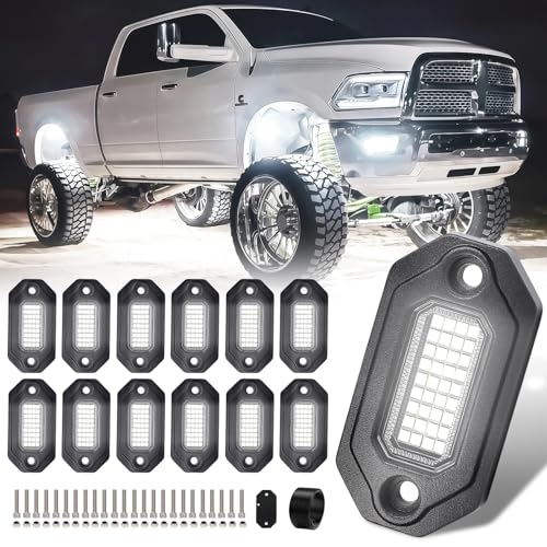 12 Pods Aluminium Pure White LED Rock Lights Kit,6500K Super Bright LED Light,36 High Power Chips, Each 15ft Extension Cable,IP68 Waterproof,for Pickup Trucks SUV UTV ATV RZR Car Boats
