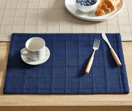 ZeeMart Linen Checked Farmhouse Placemats Set of 6, Navy Blue 13x19in