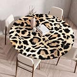 Morbuy Rund Tischdecke Elastisch, Leopardenmuster Gartentischdecke Schmutzabweisend Abwischbar Tischtuch für Dekoration Küchentisch Kaffee Restaurant Garten (Braun,120cm)