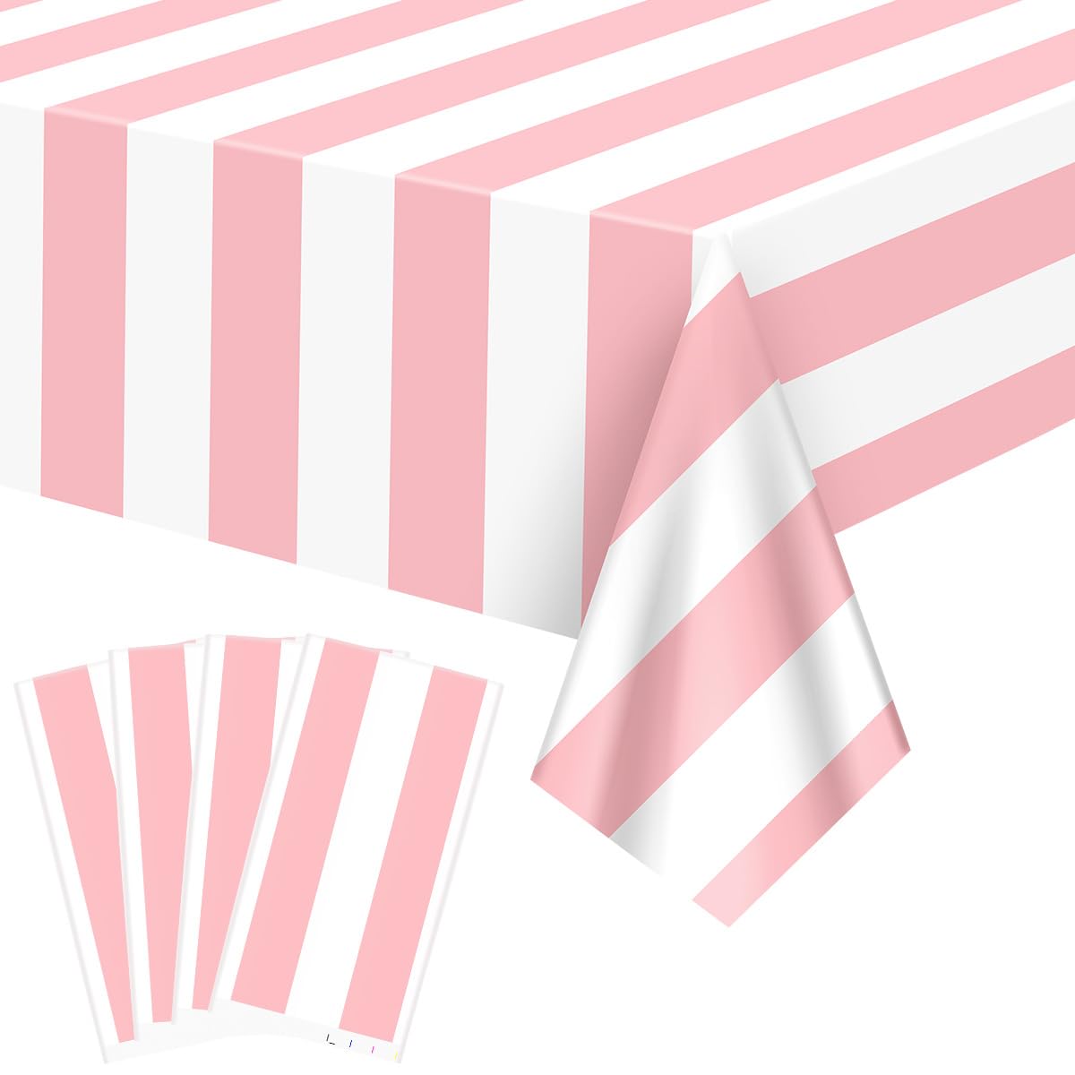 FuenteOrilla 4 Pcs Pink and White Striped Tablecloths Pink Stripe Tablecloths Waterproof Rectangle Striped Tablecloth for Holiday Picnic Birthday Theme Party Decorations, 130x220cm