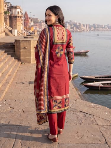 Image of INDO ERA Women's Pure Cotton Abstract Printed Mirror Work Kurta & Pant with Dupatta Set (IEAI13205)|Cotton Suits For Women With Dupatta