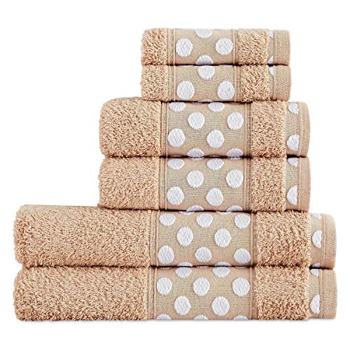 Juego de Toallas de Baño 6 Piezas Lisas. Calidad Rizo Algodon Egipcio 450 gr. Tamaños de Toallas de baño Tocador Lavabo y Ducha Sabana. Toallas baño Grandes. Cenefa Dibujo Lunares. Color Beige Cover