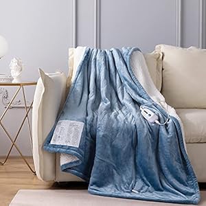 CORIWELL Electric Heated Blanket Throw Twin Size 62″x 84″ Flannel & Sherpa Reversible, ETL Certification 4 Heat Settings with 10hrs Timer Auto Shut Off, Machine Washable Fast Heating Blue Blanket