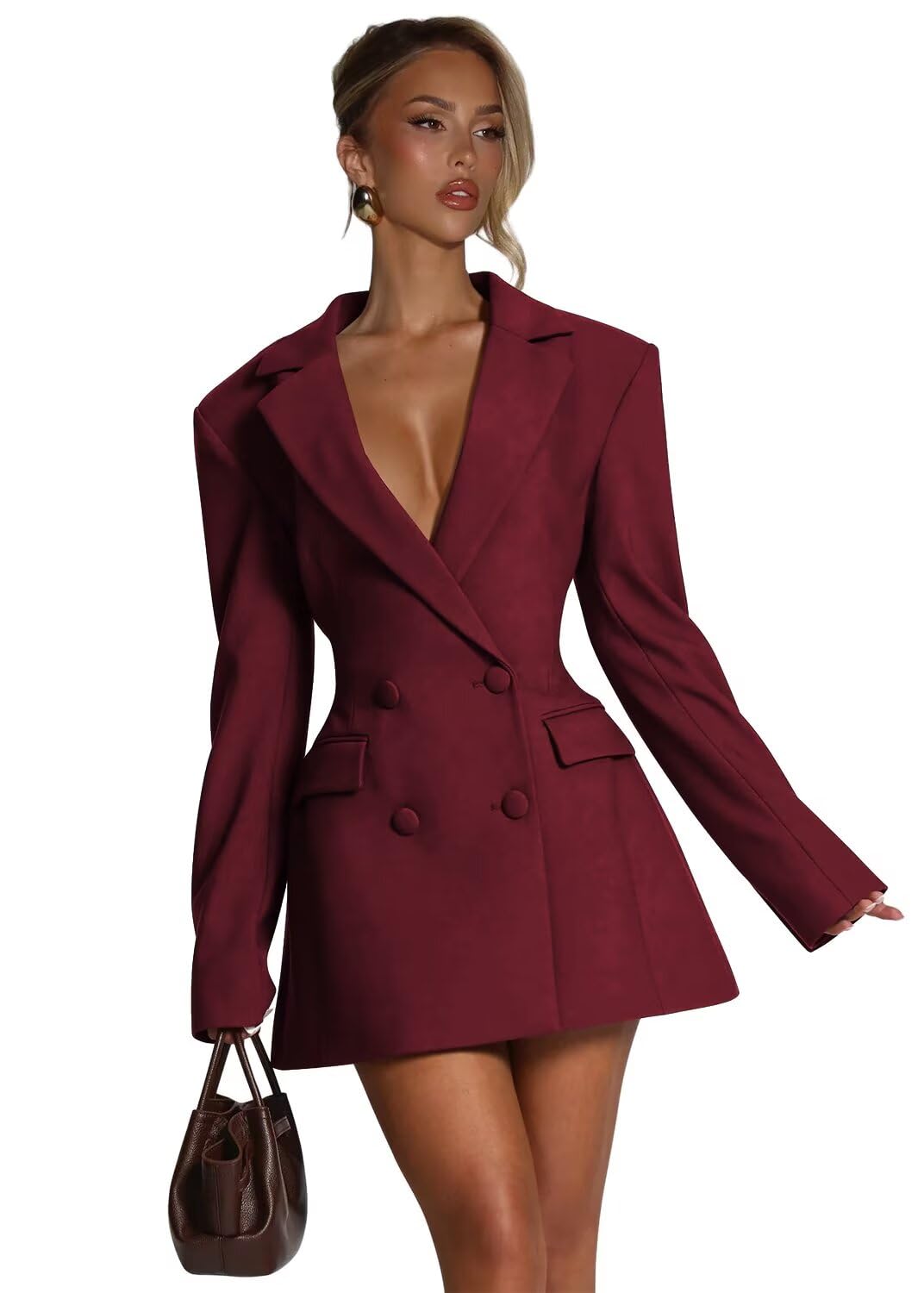 Blazer Dress for Women Sexy Elegant Double Breasted Blazer Dress Long Sleeve Jacket Dresses V Neck Outfits