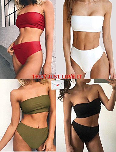 FITTOO Women Bandeau 2 Piece Set Bikini Set Crop Top Solid Color Strapless Plus Size Swimsuit High Waist s Black