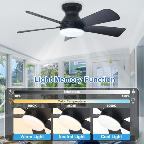Image of Depuley 35-Inch Ceiling Fans with Lights: Indoor /Outdoor Flush Mount Ceiling Fan with Remote Control - Black 5 Blade Low Profile Fandelier for Kitchen Gazebo - Reversible Quiet Timer - 2 Packs