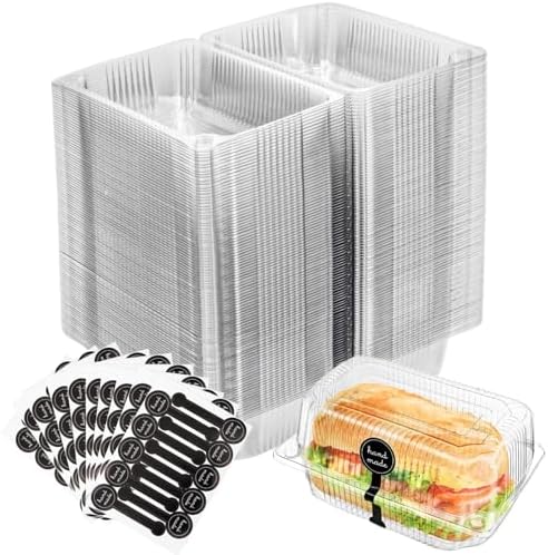 Peohud 100 Pieces Transparent Hinged Food Container, Clear Clamshell Take Out Food Containers with Lid, Hoagie Container with Seal Stickers, Snack Pack Container for Salad,Hamburger, Fruit,Cake,Cookie