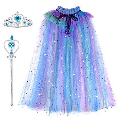 Landifor 3er Bunter Prinzessin Umhang Mädchen Glitzer Pailletten Cape Kinder Party Kostüm Tüll Umhang mit Blaue Krone Zauberstab Karneval Halloween Cosplay Fasching Mottoparty Geburtstagsgeschenk Cover