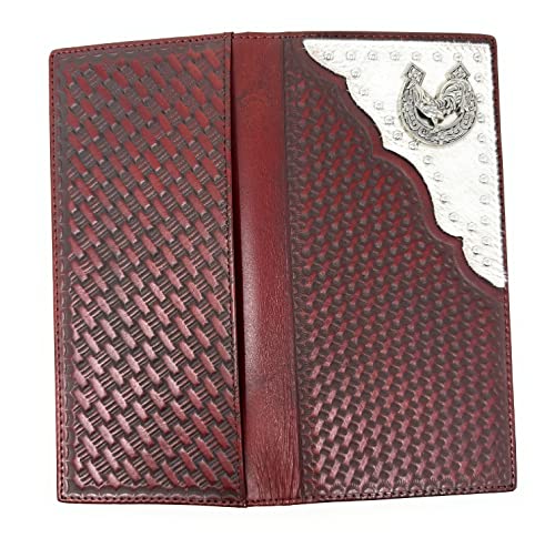 Western Men's Basketweave Genuine Leather Rooster Long Cowhide Stud Bifold Wallet in 3 Colors (Coffee)2