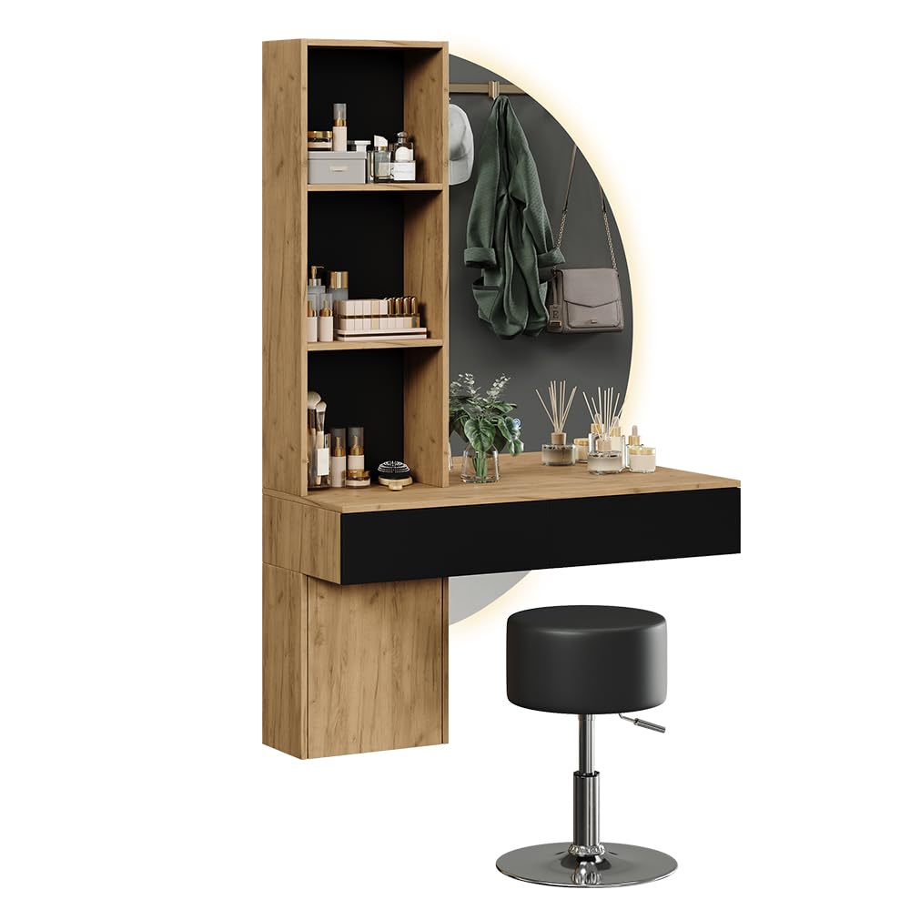 Vicco Tocador Melora, Roble/Negro, 100 cm | con espejo LED y taburete, para guardar cosméticos y accesorios