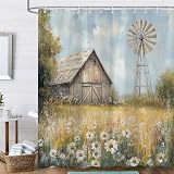 Sokdcam Rustic Barn Windmill Shower Curtain, Western Farm Barn Daisy Floral Farmhouse Bath Curtains Set, 72x72 inch Waterproof Fabric Bathroom Curtains with 12 Hooks