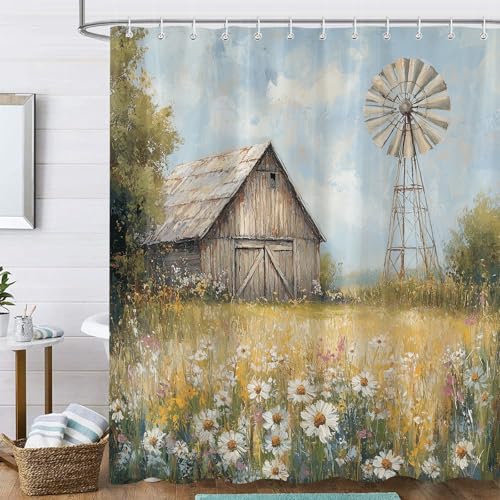 Sokdcam Rustic Barn Windmill Shower Curtain, Western Farm Barn Daisy Floral Farmhouse Bath Curtains Set, 72x72 inch Waterproof Fabric Bathroom Curtains with 12 Hooks