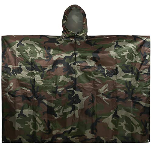 Fousam Camo Poncho, Waterproof Ripstop Hooded Raincoat Lightweight Packable Rain Cover for Hunting Camping Backpacking Emergency Tent Shelter Us Woodland