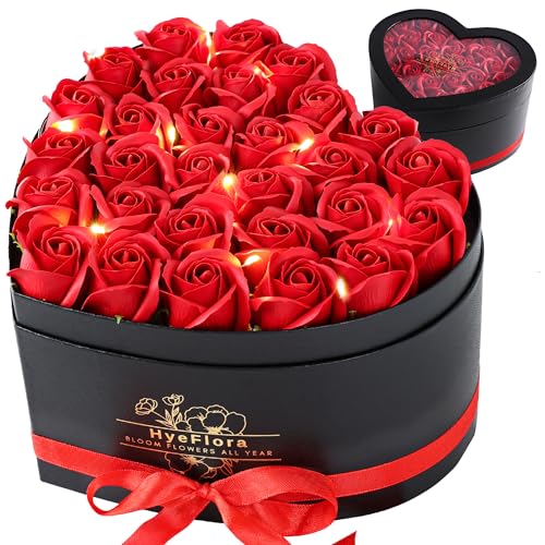 HyeFlora 30 Pcs Red Fake Roses in a Heart Box Birthday Gifts for Women, Artificial Roses Flowers for Valentines Day Gifts for Her Wife Mom Girlfriend Grandma Anniversary Christmas Mothers Day