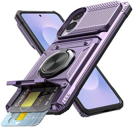 Vofolen for Samsung Galaxy S25 Edge Case with Card Holder [Store 2 Cards] +360° Rotated Ring Kickstand Dual Layer Heavy Duty Shockproof Wallet Cover for Galaxy S25 Edge Case for Women Men, Purple