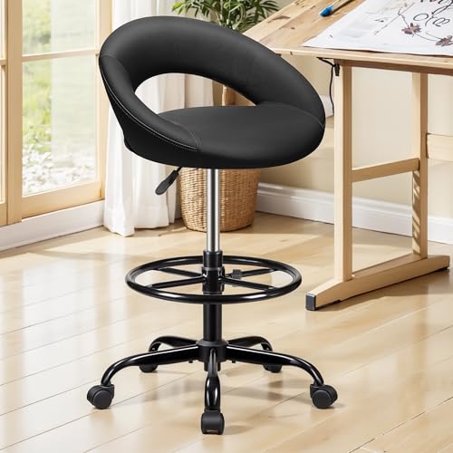 BESTFAIR Office Drafting Chair - Bar Stools with Back Support, Adjustable Foot Rest and Wheels, Shop Rolling Swivel Chair for Standing Desk Counter Kitchen Salon Home Vanity, Black