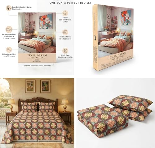 Image of BSB HOME Premium Cotton Double Bedsheet with 2 Pillow Covers, 240 TC Soft Breathable, Skin Friendly & Hypoallergenic, Jaipuri Printed (90 x 100 Inches) (Geometric Jaal Print - Muted Coral)