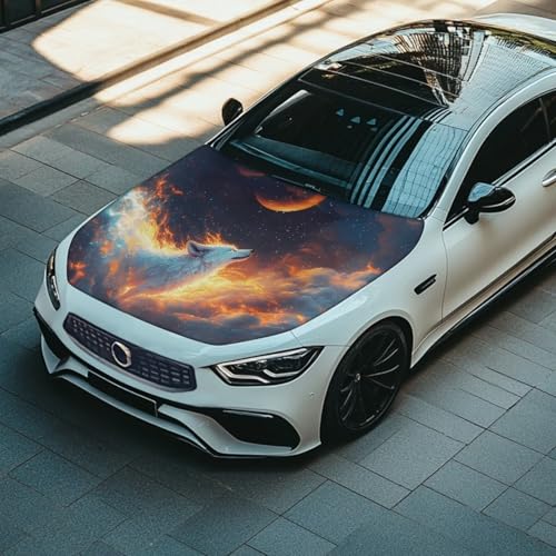 Image of Moon Wolf Print Cat Car Hood Cover Slip-On Washable Elastic Weatherproof Fabric Elastic Band Fixation Fits Most Cars