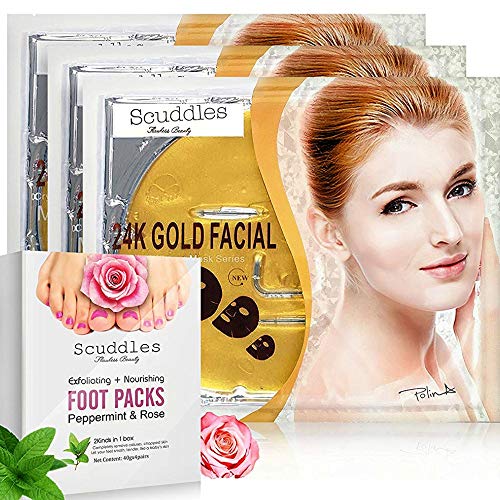 Exfoliating Nourishing Foot Mask - Foot Peel Mask Includes 4 Pairs Of Scented Peppermint & Rose Foot Gloves Peels Off Callus - Dead Skin Bonus 3 Pack Of 24K Gold Collagen Gel Masks Sheets #TOP12