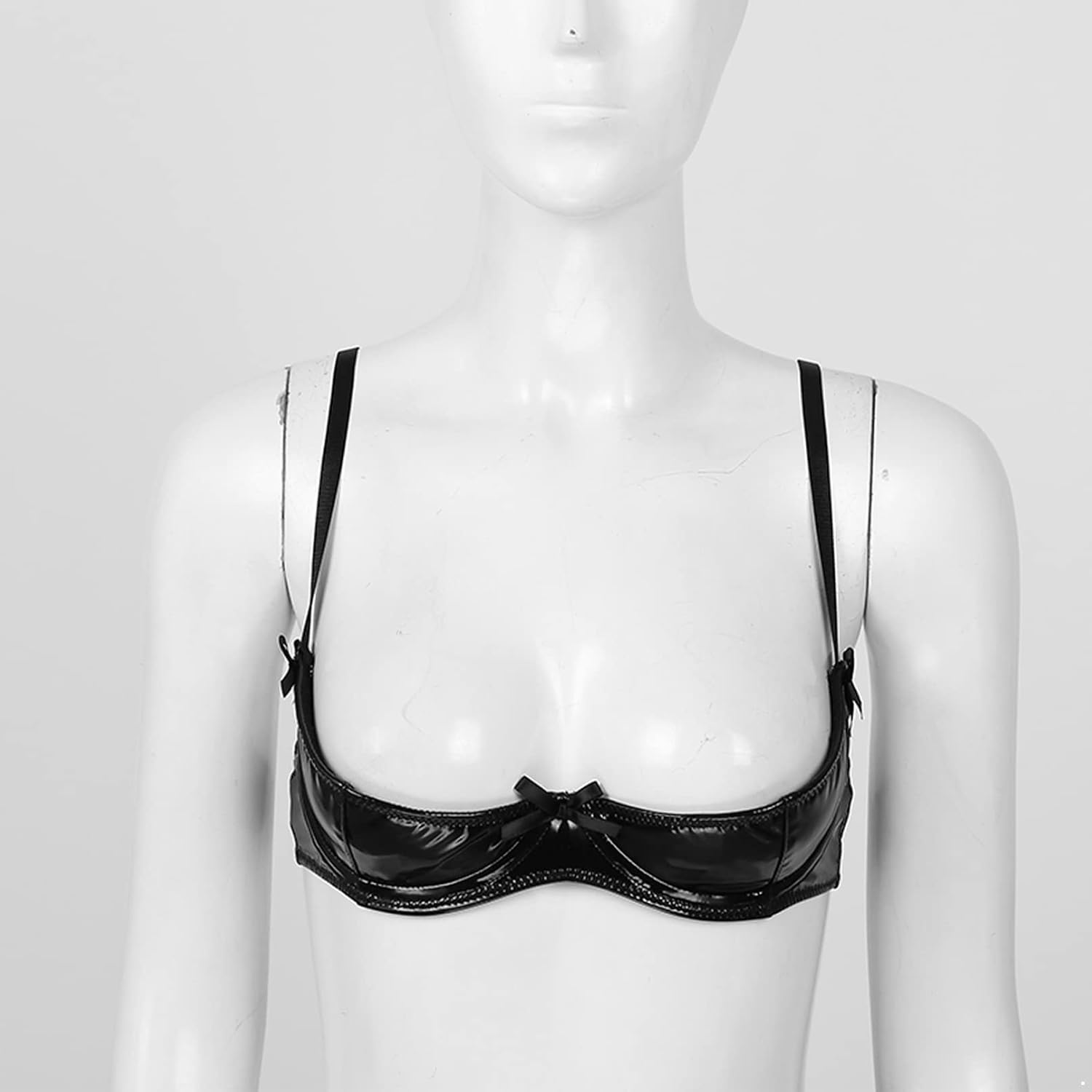 Sxiwei Woman's Patent Leather Push Up 1/4 Cup Balconette Shelf Bra Wet Look Underwire Hollow Out Bralette