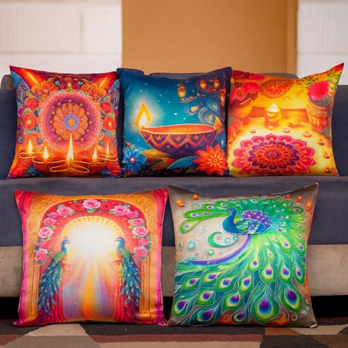 Image of Decorative Satin Sofa Cushion Pillow Covers for Sofa & Living Room Set of 5, 24 inch x 24 inch 5 piece, Ethnic, Diwali Peacock, Mandala Design, Zipper Closure (Utsav Glow, 24X24 Inches)