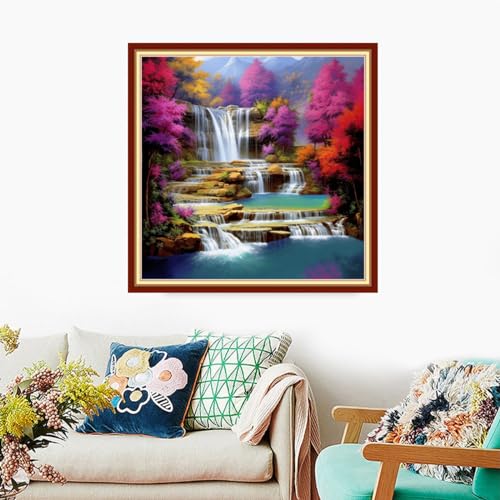 Image of Foxdiviy Stamped Cross Stitch Kits Full Range of Embroidery Needlework Starter Kits for Beginners Adults 11CT Embroidery Patterns Art Crafts DIY Needlepoint Kits-Waterfall Scenery 18x18 inch