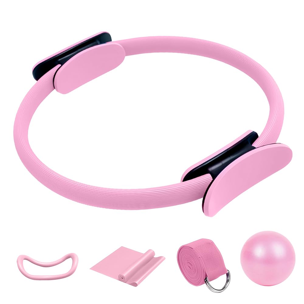 Pilates Ring Set, 5 Stück Pilates Set mit Yoga-Ring, Yoga-Ball, Widerstandsband und Hilfsgurt, Pilates Essential Kit für Heimtraining und Studio-Workout