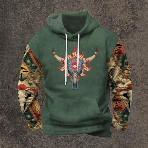 Aztec Sweatshirts for Men 2025 Fall Trendy Graphic Hoodies Patchwork Western Cowboy Sweatshirt with Kangaroo Pocket3