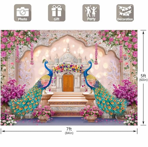 Image of India Peacock Backdrop, Boho Pink Floral Palace Decorations, India Wedding India Ceremony Party Decoration Bridal Shower Photography Decoration Wall Decor Fabric Photography Background 7X5FT