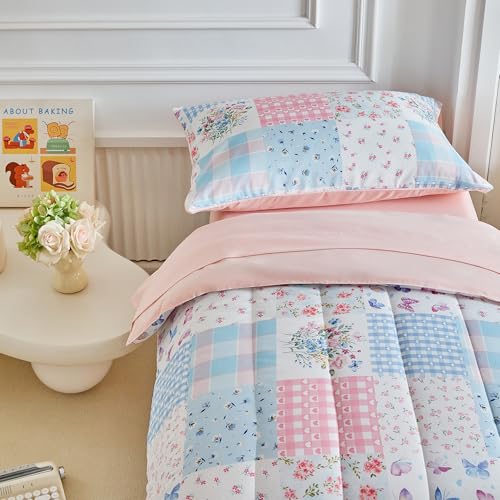 Image of Joyreap 4 Piece Toddler Bedding Set- Pink n Blue Patchwork Design, Microfiber Toddler Bedding Comforter Set for Girls