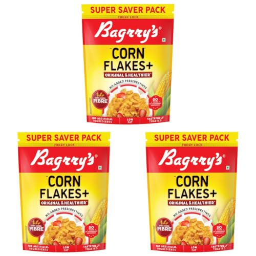 Image of Bagrry's Corn Flakes+ Original & Healthier 800g | Added Fibre | Prebiotic Breakfast Cereal | Golden Corn | Low Fat | Toasted & Crunchy Corn Flakes | No Added Preservatives (Pack of 3)