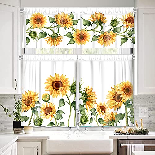 Iffvgx 3 Pieces Sunflower Valance And Tiers Sets 58Wx14H+(28Wx36H)*2 Rod Pocket Small Curtains For Dining Room Sunshine Vintage Floral Backdrop Print Draperies Window Treatments For Kitchen Decor #TOP4