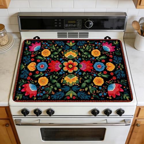 Boho Floral Botanical Stove Top Cover for Electric Stove - Stove Mat for Glass Top, Multi-Functional Electric Oven Cover, Glass Cooktop Protector For Kitchen, Anti-Slip Pad 28"x20"