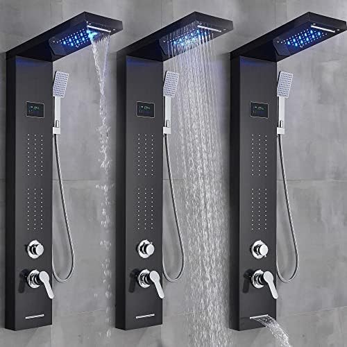Sistema de Torre de Ducha en Acero Inoxidable con LED, Resistente al Agua y Boquillas de Masaje Tipo Cascada, Negro con Acabado Mate miniatura 3