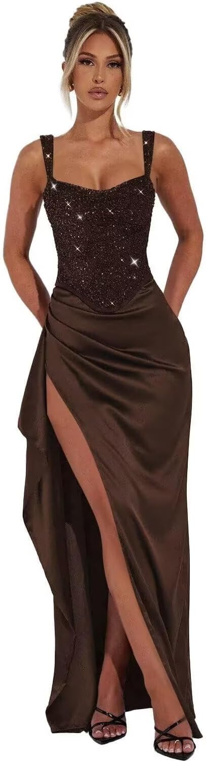 Long Ruffles Prom Dresses 2026 Plus Size for Teens Brown Pleated Mermaid Cocktail Dress with Slit Glitter Sequin Square Neck Formal Gown 26W