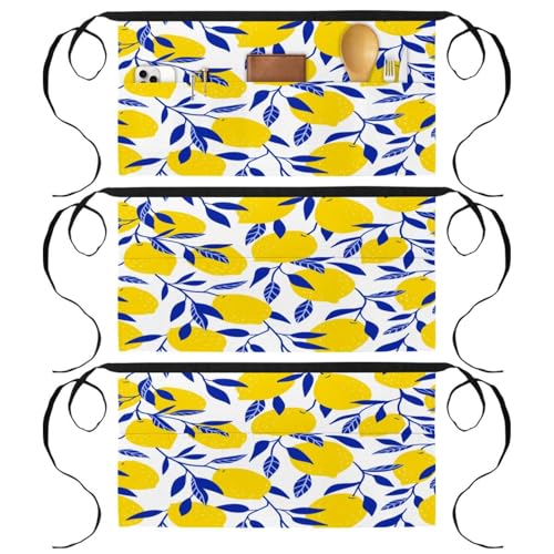 Tablier court citron lot de 3 avec 3 poches pour cuisine 60x30.5 cm