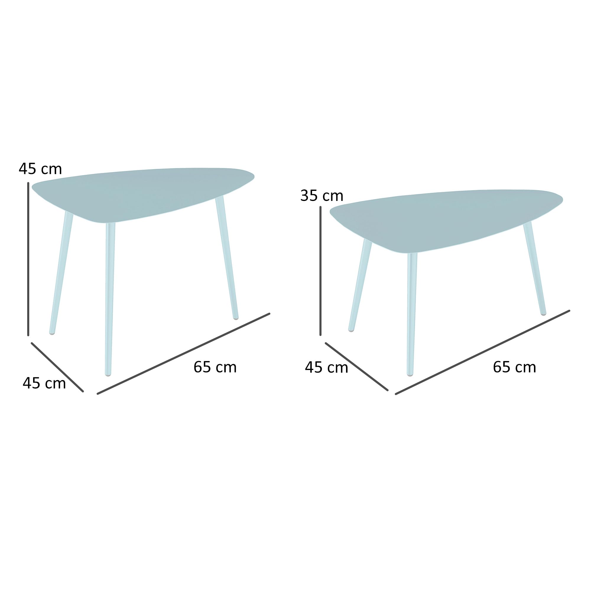 Outsunny Lot de 2 Tables Basses de Jardin, Tables d'appoint gigognes triangulaires, Cadre en Acier, avec Patins Ajustables pour Balcon, Patio, Jardin, Bleu Clair